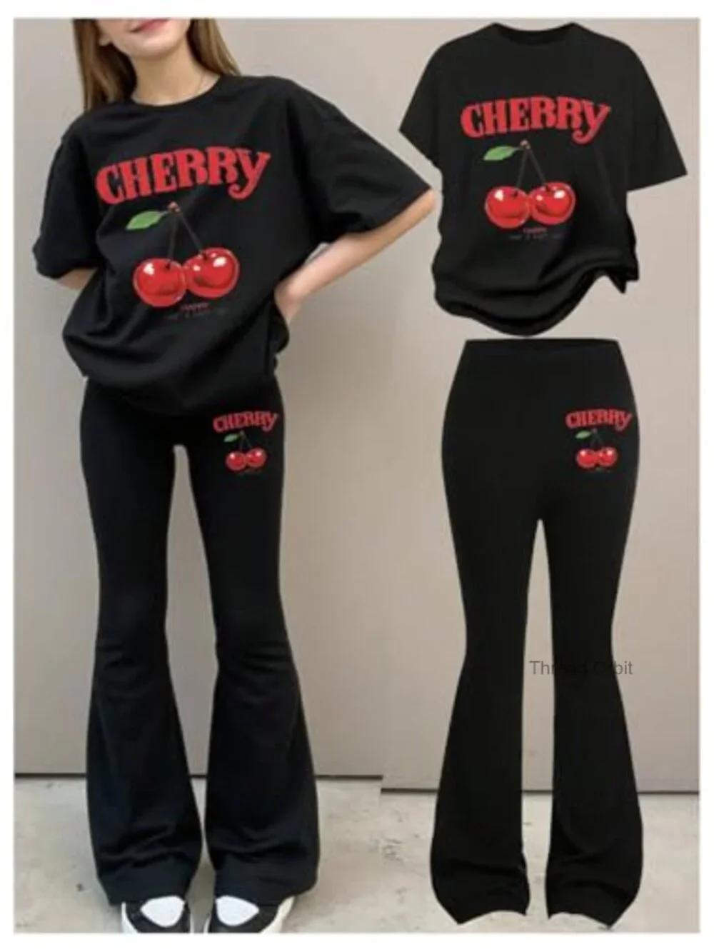 Girl's Cherry Print Tee and Flare Pants 2 Piece Set